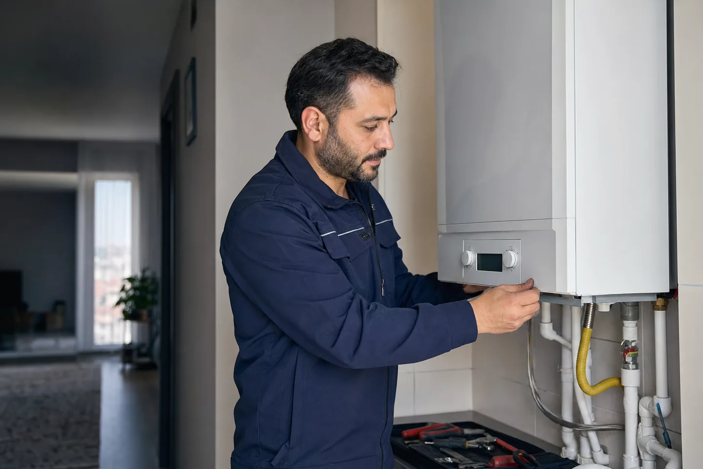 Teknik servis çalışanının markasız ısıtma sistemi kontrolü
