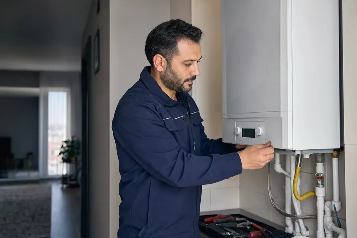 Markasız kombi üzerinde bakım kontrolü yapan teknik servis çalışanı